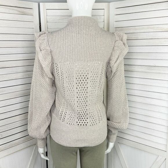Happy Nature Ruffle Shoulder Mock Neck Open Weave Sweater Tan Beige Medium - Picture 5 of 13